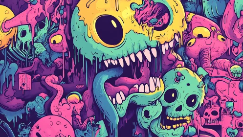 Mutated cartoon skulls overlap in dense neon horror chaos