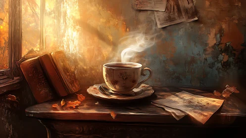 Steaming teacup on wooden table by window with books.