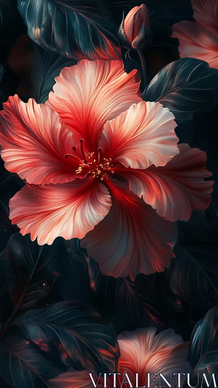 Crimson hibiscus bloom glows against deep teal foliage