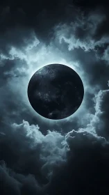 Dark moon silhouette centered in luminous storm clouds
