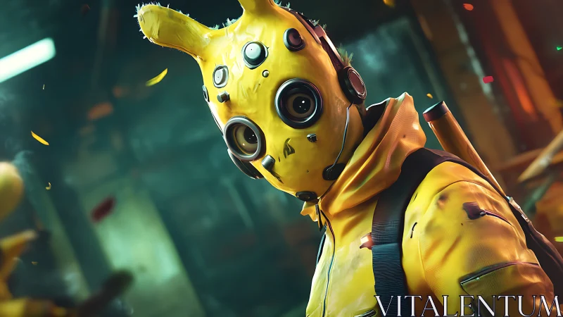 Cybernetic yellow rabbit mask stalks neon industrial ruin.