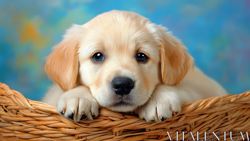 Golden retriever puppy resting in wicker basket portrait.