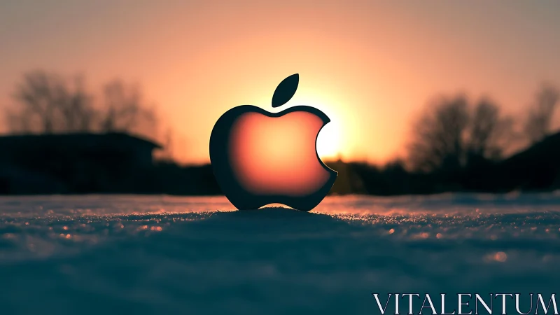 Sunlit metallic apple emblem on winter snow horizon.