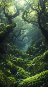Verdant Arboreal Canyon with Diffuse Luminescence and Moss Stratification.