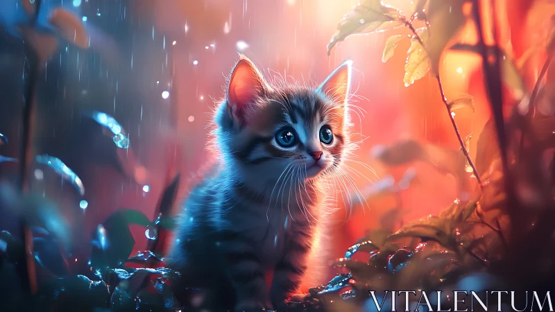 Ethereal Kitten in Neon Rain: 3D Digital Surrealism.