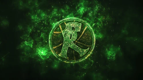 Glowing green letter R emblem emerges in cosmic energy haze