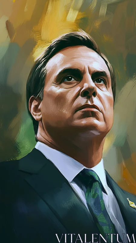 Digital portrait depicts suited man in upward-facing pose