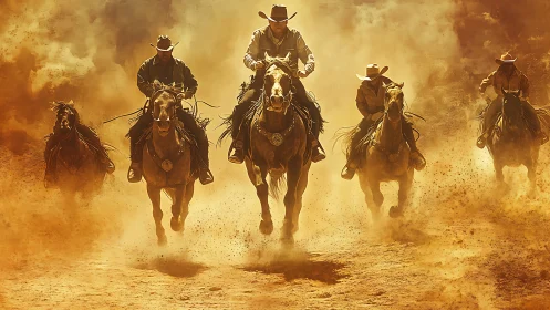 Cowboys on horseback charge forward through dense desert dust.