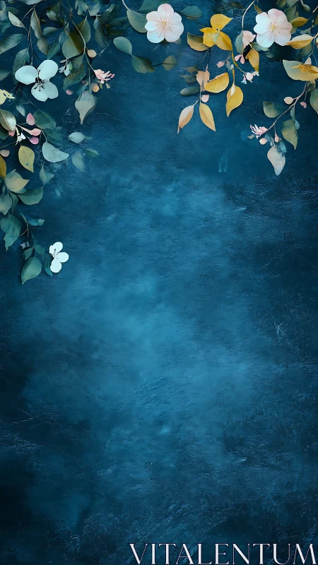 Botanical Elements on Deep Blue Textured Surface