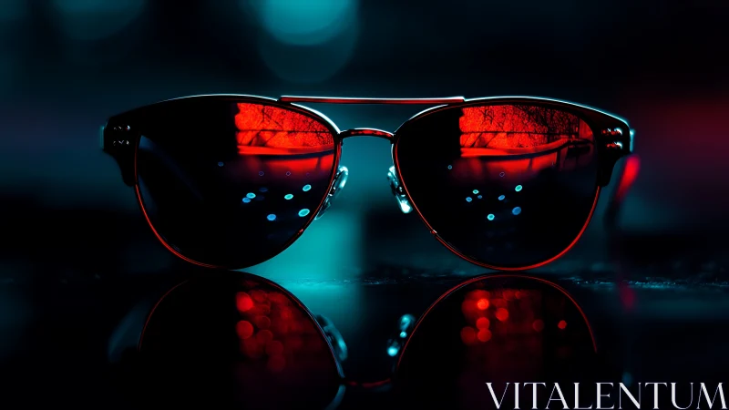 Sunglasses with red lenses in dark neon lighting setup.