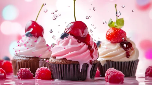 Three Delightful Cupcakes Topped with Fresh Cherries and Berries