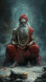 Digital painting of meditative sage in atmospheric shrine setting.