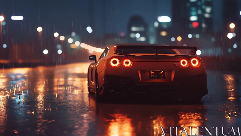 Sports coupe is stationary on wet urban roadway at night