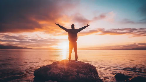 Silhouetted figure greets radiant ocean sunrise in triumph.