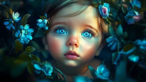 Child Surrounded by Luminous Blue Flowers. Digital Portrait.