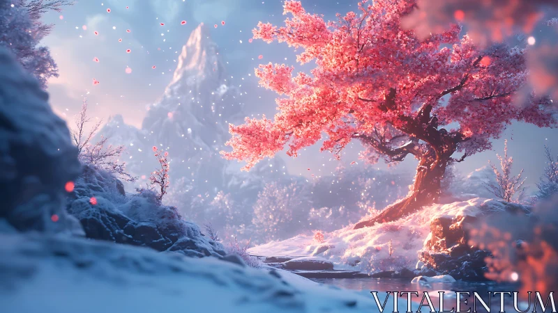 Winter-breath mountains cradle a rebellious cherry blossom flare