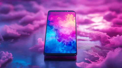 Vibrant smartphone floats in a dreamy neon cloudscape