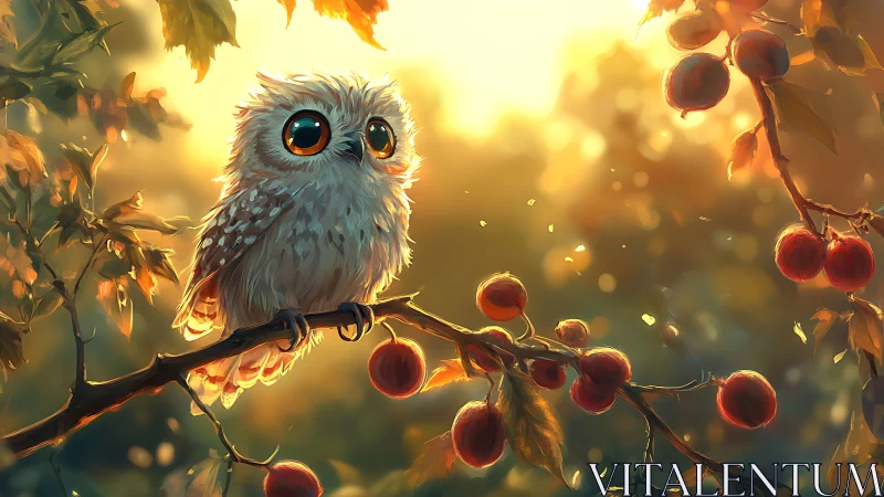 Cute Baby Owl on Fruit Tree Branch in Glowing Fantasy Style.