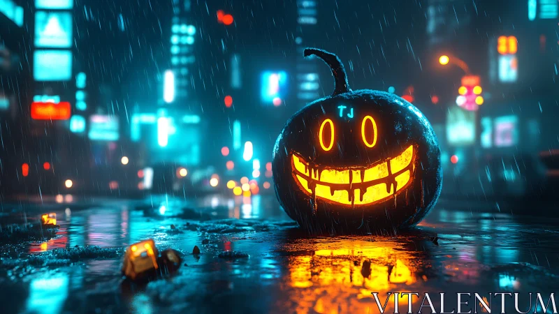 Cyberpunk neon jack o lantern on rain soaked city street