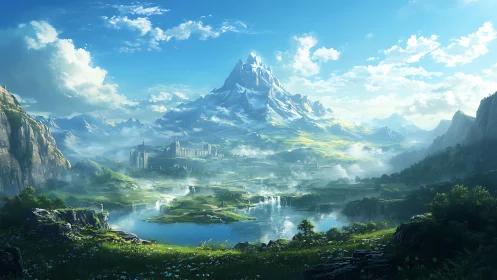 Epic fantasy valley landscape with luminous mountain citadel.