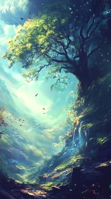 Luminous Canyon Valley with Ancient Tree Overlooking Mystical Landscape.