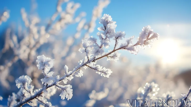 Sunlit frost crystals sparkle on winter branches at dawn