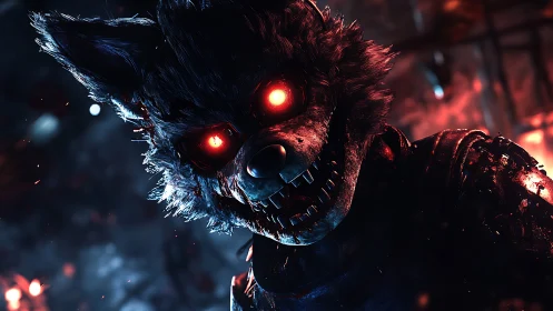 Demonic cyberwolf animatronic under blazing neon glare.