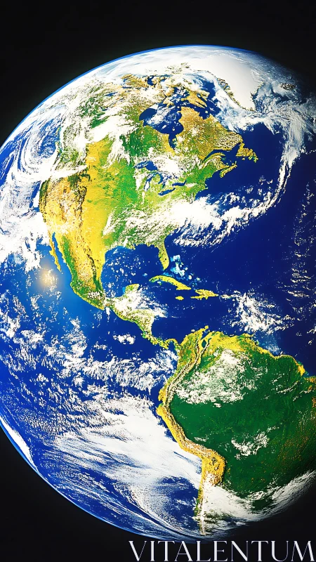 Earth from space with vivid Americas under sunlight glow.