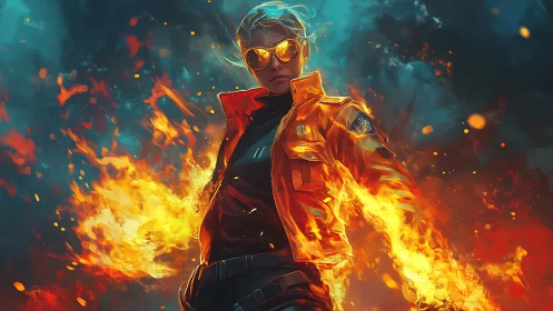 Human figure in orange jacket surrounded by controlled flames.