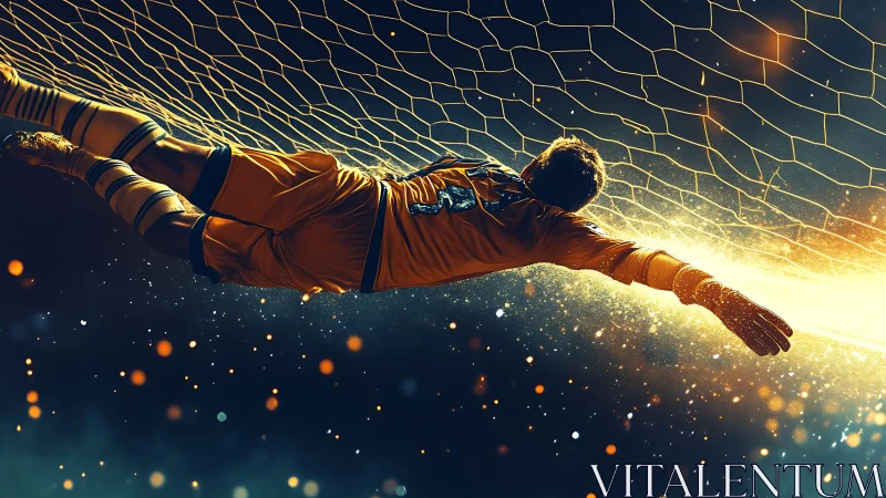 Goalkeeper comet dives through glowing net of starlit sparks.