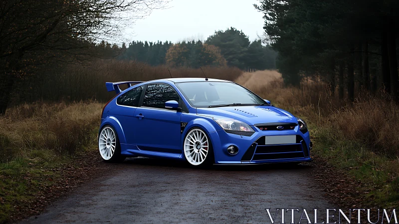 Modified blue hot hatch stands on a secluded forest road.