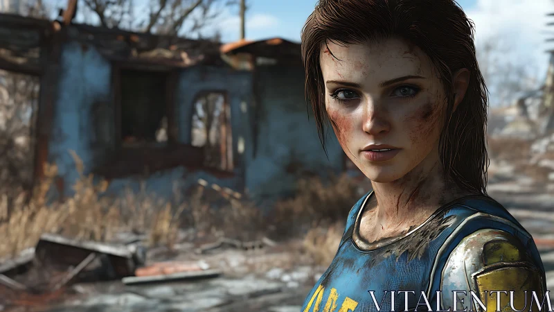 Post-apocalyptic heroine in weathered blue vault suit portrait.