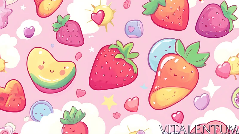 Colorful Fruit and Hearts Kawaii Pattern Design.