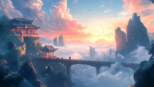Sunlit mountain temples bridge above volumetric cloud sea
