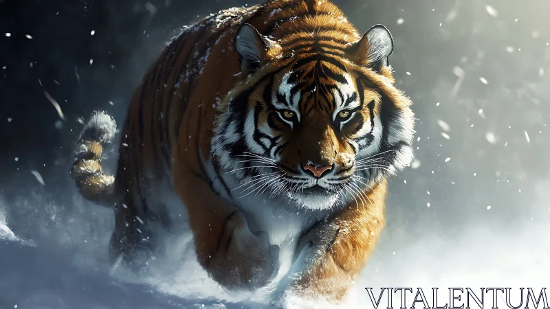 Snow-charged tiger in dynamic frontal pursuit render.