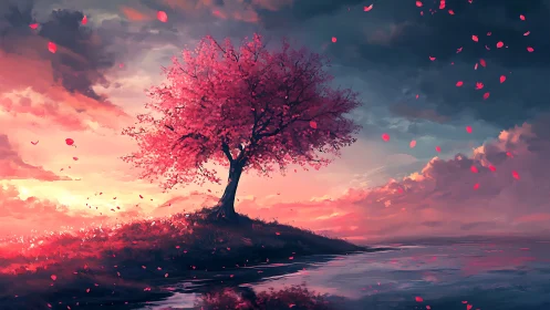 Solitary pink blossom tree over reflective sunset water.