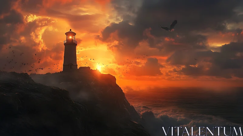 Lighthouse stands on coastal cliff against dense sunset sky