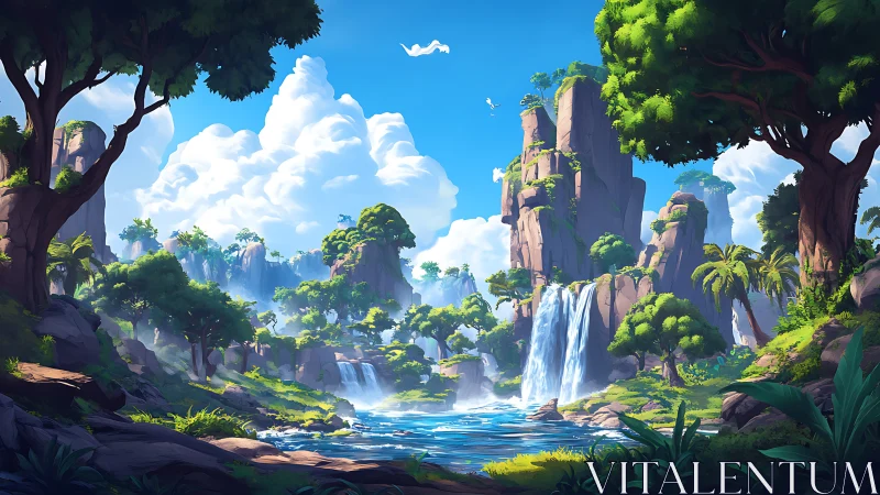 Lush tropical canyon with cascading waterfalls and clouds.