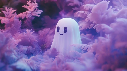 Cute ghost glows inside dreamy purple fantasy forest.