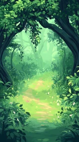 Forest Path Through Lush Green Canopy.