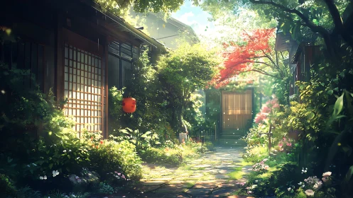 Shaded garden path between traditional wooden houses.