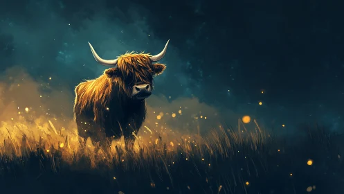 Highland bull in luminous night meadow with fireflies glow.