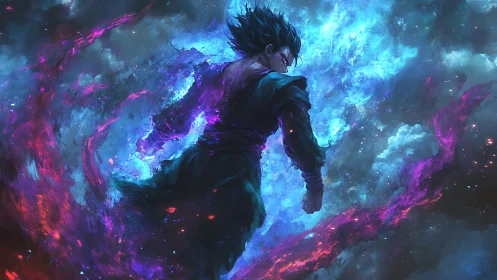 Figure stands amid turbulent blue and magenta energy field