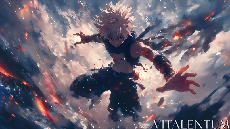 Explosive anime warrior dives through storm of embers.