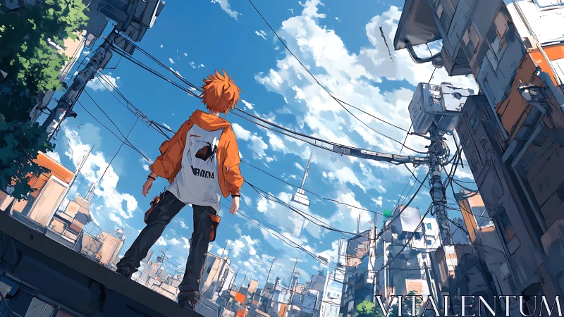 Skyward city stroll with a hopeful teen and bright clouds.