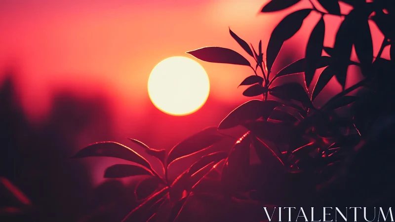 Vivid sunset with silhouetted leaves in dreamy, atmospheric style.
