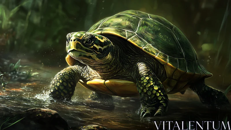 Turtle strides through shallow forest stream under dappled light