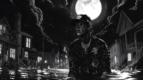 Tattooed rapper wades through flooded street under full moon