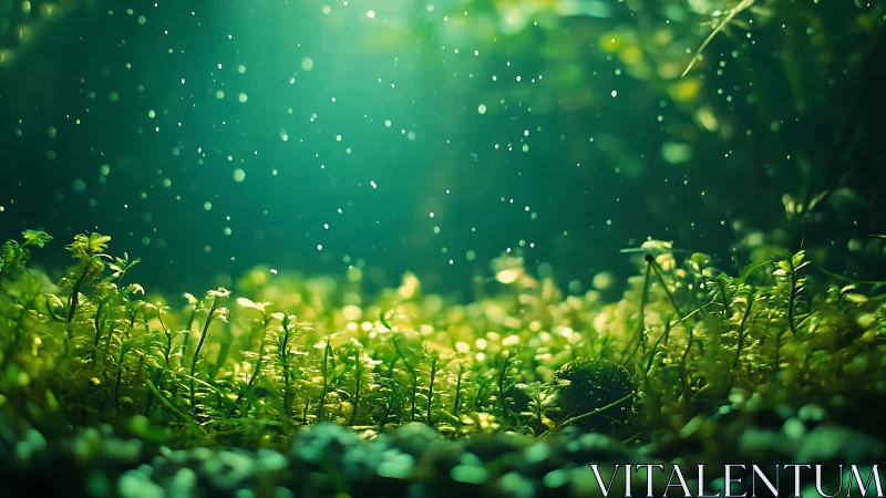 Luminous forest floor macro with drifting particulate light.