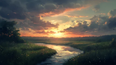 Sunlit river meadow captures atmospheric dusk cloudscape